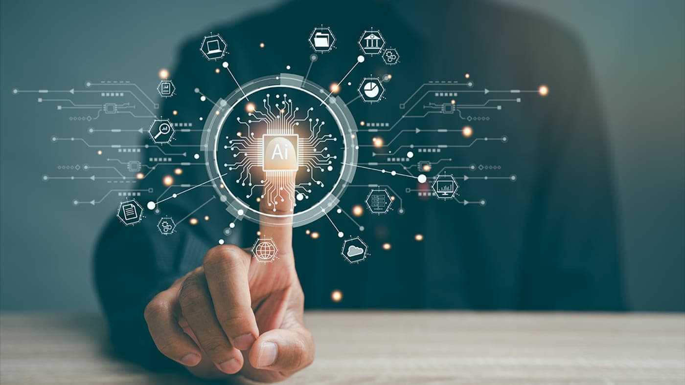 Hand touching a glowing AI core connected to a network of channel and workflow icons — one system orchestrating email, messaging, and voice
